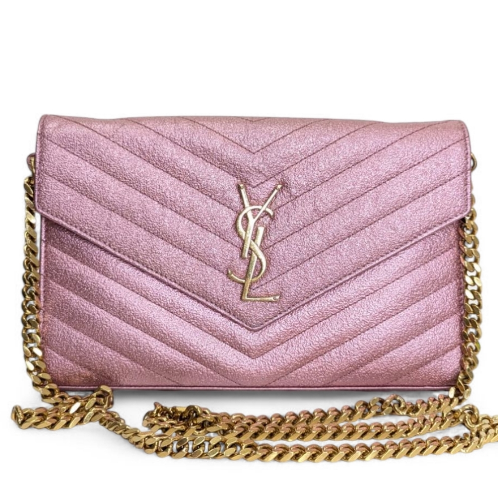 Saint Laurent Pink Metallic Chevron Monogram Chain Wallet